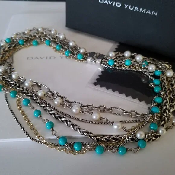 SOLD - DAVID YURMAN *RARE* 18K Gold Turquoise Pearl Necklace - Pristine! $2150 - Picture 4 of 13